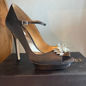 Badgley Mischka Black Satin Peep-Toe Heels with Crystal Brooch
